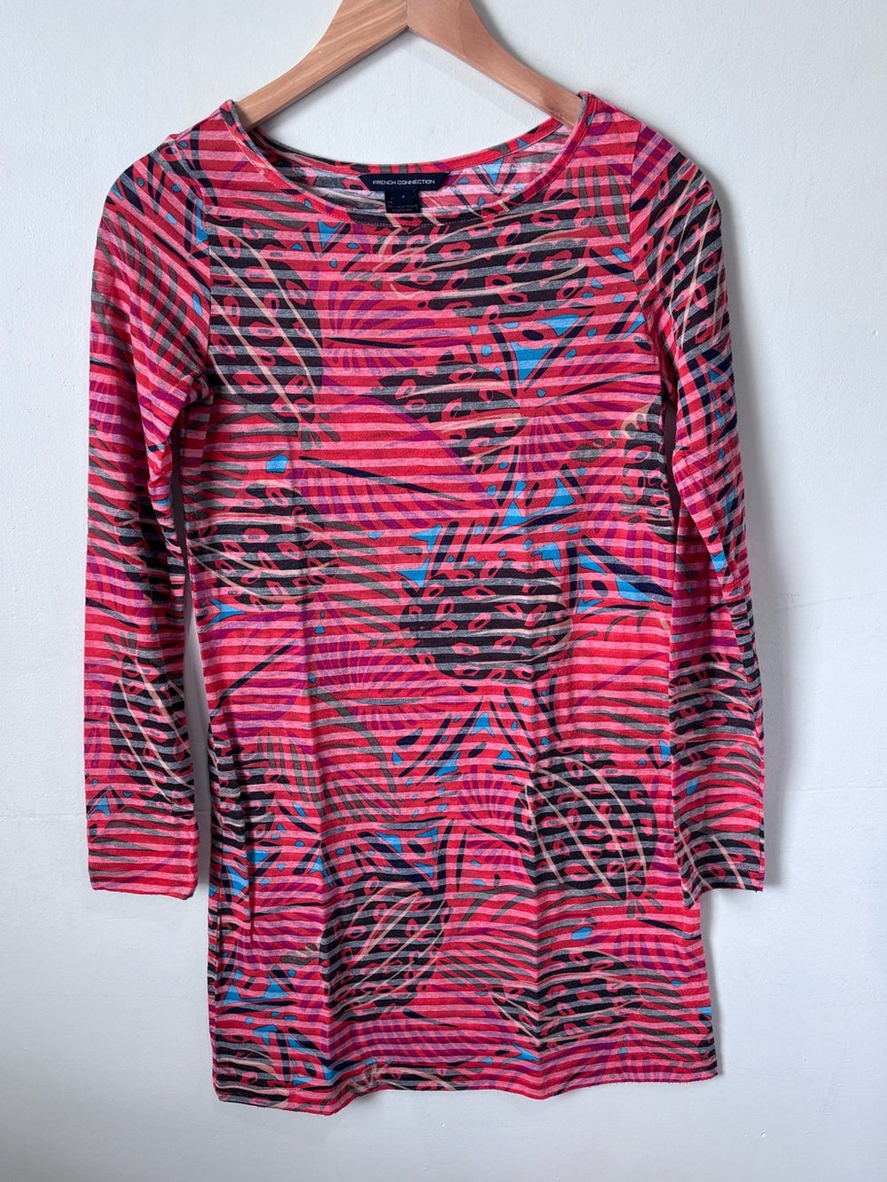 French Connection Floral Stripe Long Sleeve Tunic Dress | Coral Pink | Size S
